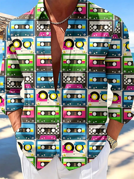 Adaychic Men's Vintage Style Cassette Tape Pattern Long Sleeve Shirt with Chest Pocket