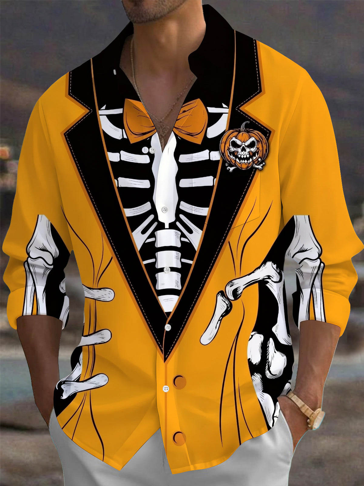Adaychic Men's Graphic Skeleton Tuxedo Print Long Sleeve Shirt with Chest Pocket