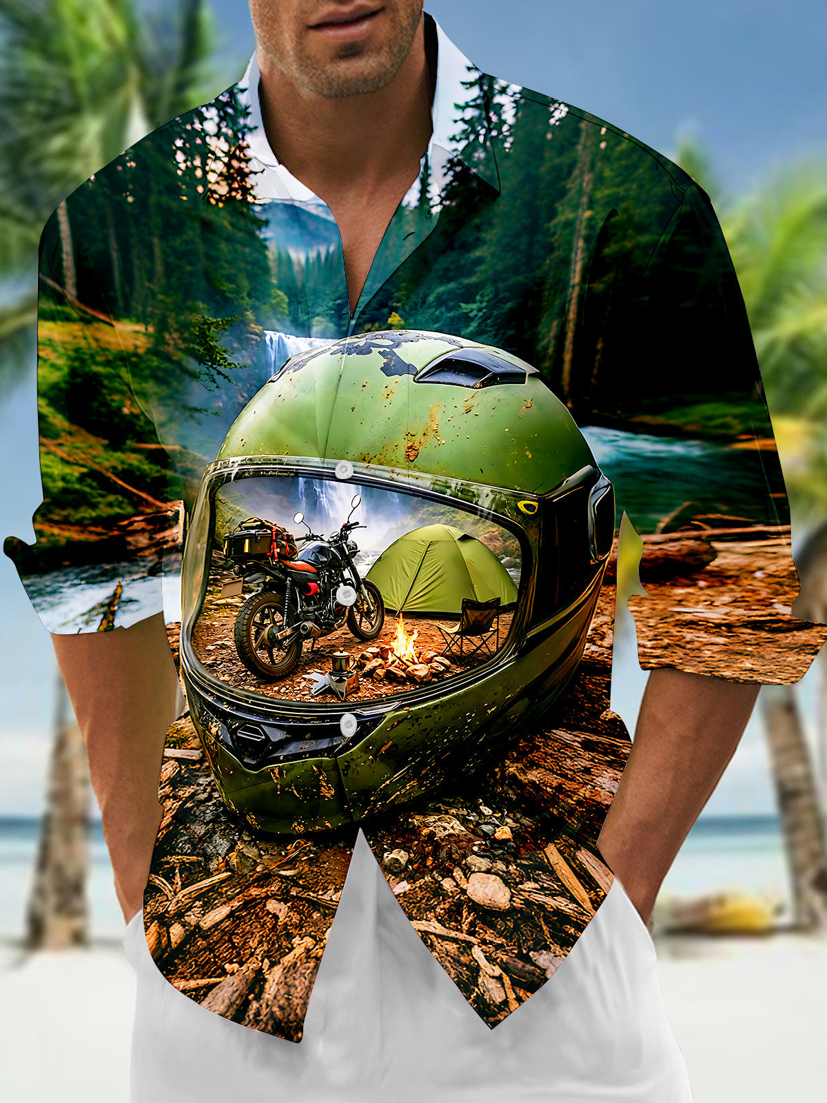 Adaychic Men's Printed Motorcycle Helmet Camping Scene Print Long Sleeve Shirt with Chest Pocket