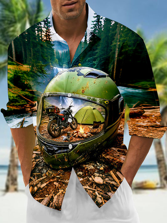 Adaychic Men's Printed Motorcycle Helmet Camping Scene Print Long Sleeve Shirt with Chest Pocket