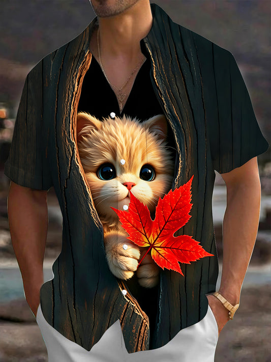Adaychic Men's Graphic Kitten In Tree Hole Print Short Sleeve Shirt with Chest Pocket
