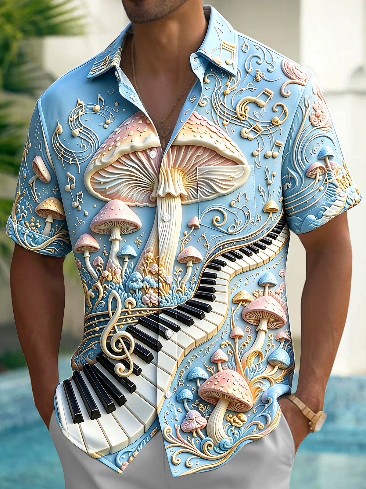 Adaychic Men's Graphic 3D Mushroom Relief Print Short Sleeve Shirt with Chest Pocket