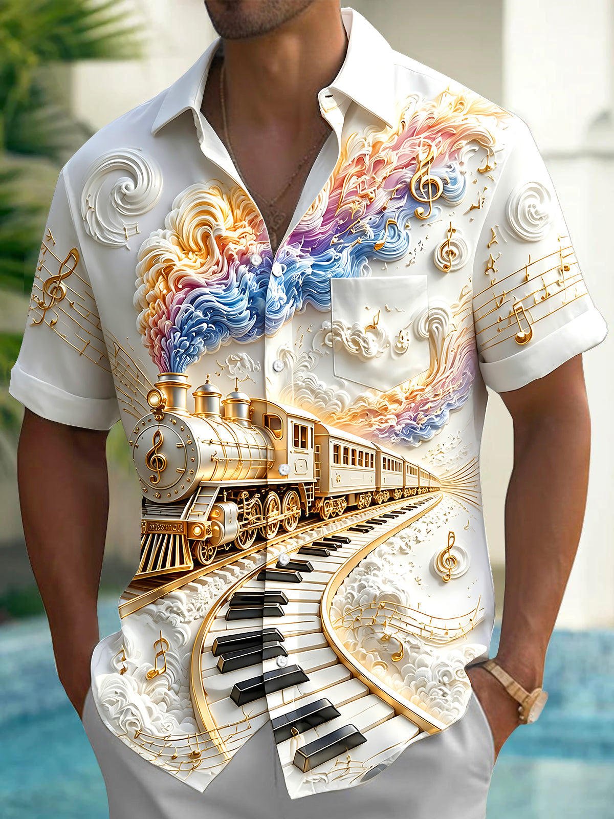 Adaychic Men's Graphic Steam Train Print Piano Keys Print Short Sleeve Shirt with Chest Pocket