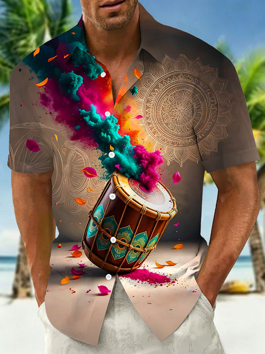 Adaychic Men's Graphic Drum With Colorful Powder Print Short Sleeve Shirt with Chest Pocket