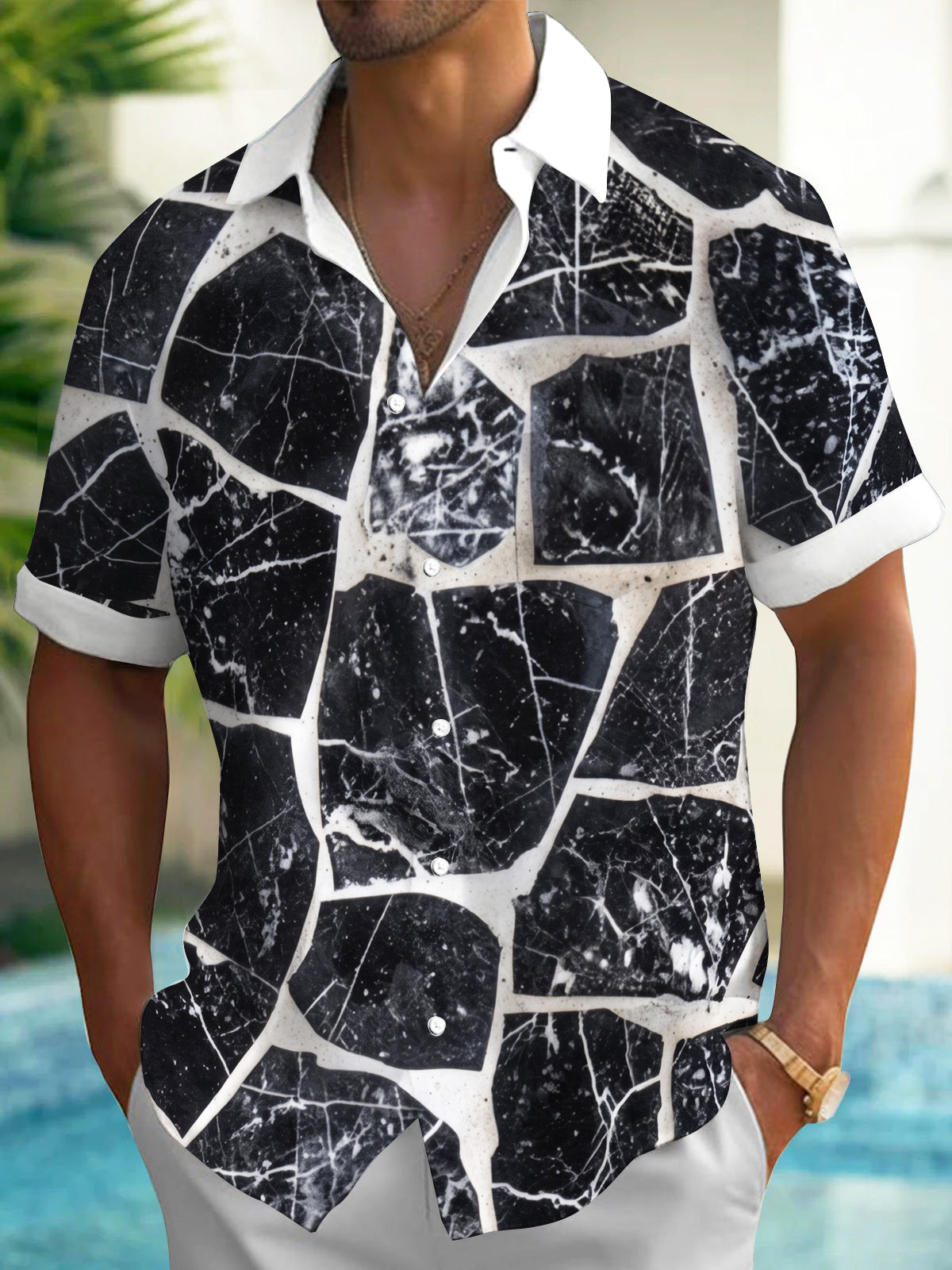 Adaychic Men's Patterned Black And White Marble Crack Print Short Sleeve Shirt with Chest Pocket