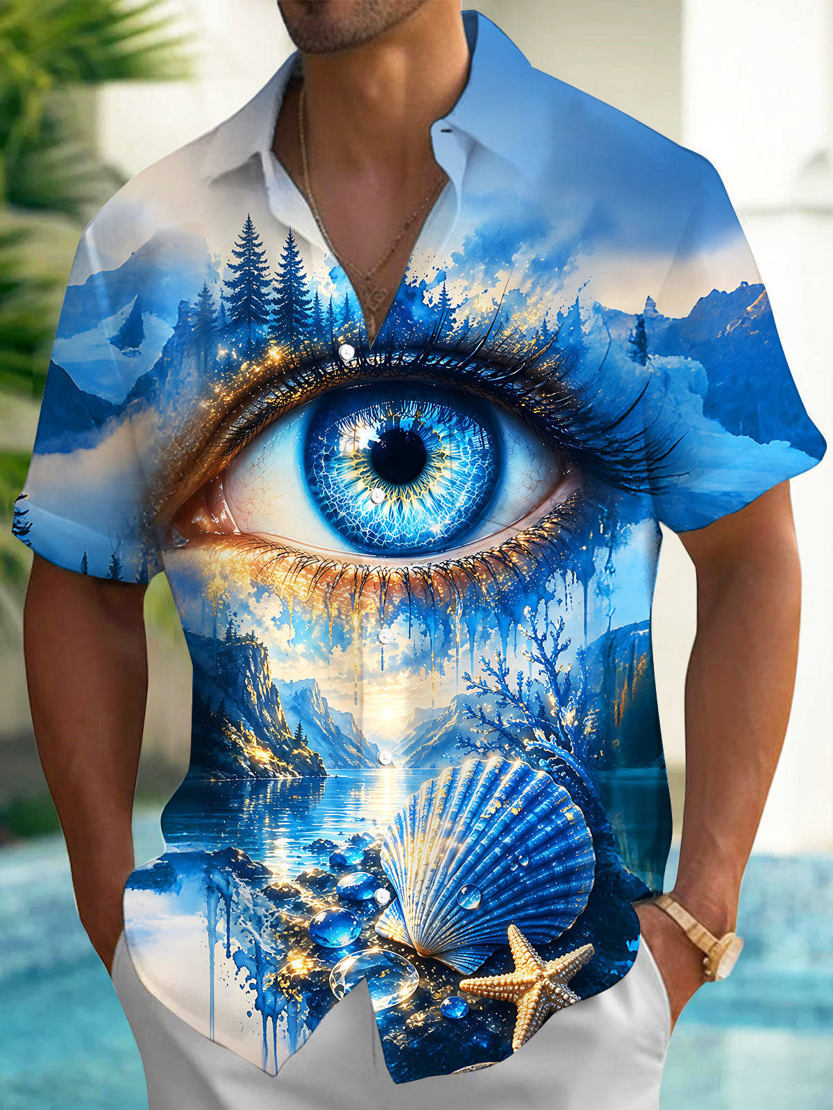 Adaychic Men's Graphic Blue Eye Landscape Print Short Sleeve Shirt with Chest Pocket