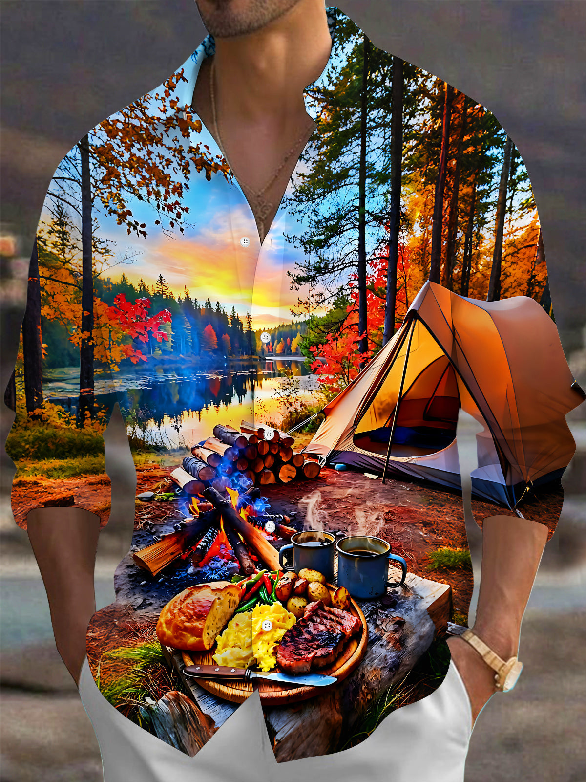 Adaychic Men's Printed Autumn Forest Camping Scene Print Long Sleeve Shirt with Chest Pocket