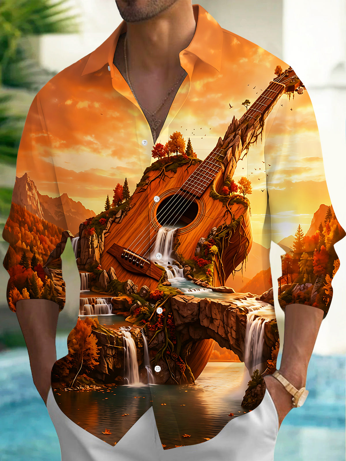 Adaychic Men's Graphic Guitar Landscape Print Long Sleeve Shirt with Chest Pocket