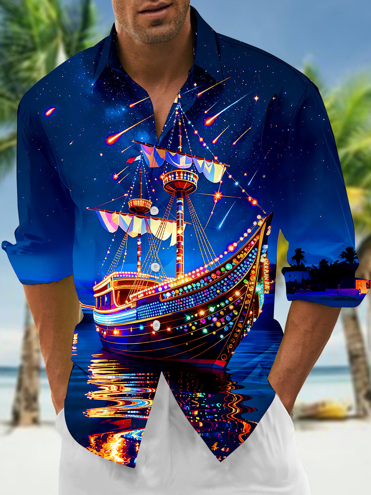 Adaychic Men's Graphic Glowing Ship Print Long Sleeve Shirt with Chest Pocket