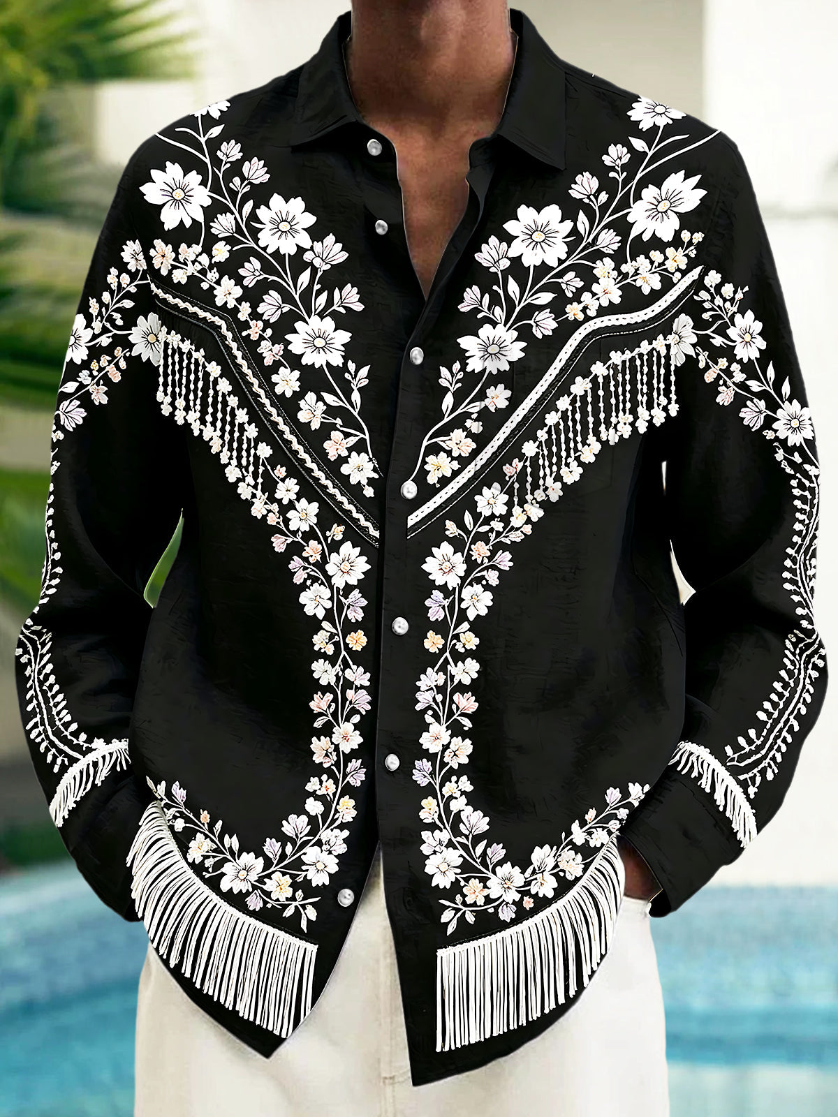 Adaychic Men's Floral Western Floral Embroidery Print Long Sleeve Shirt with Chest Pocket
