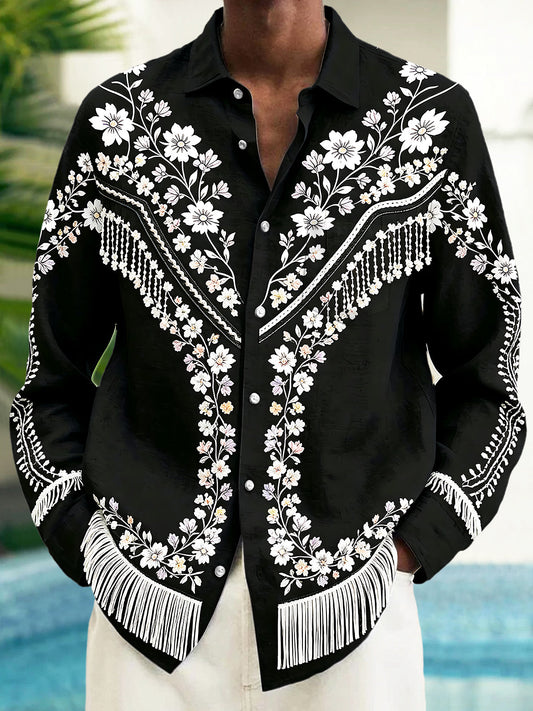 Adaychic Men's Floral Western Floral Embroidery Print Long Sleeve Shirt with Chest Pocket