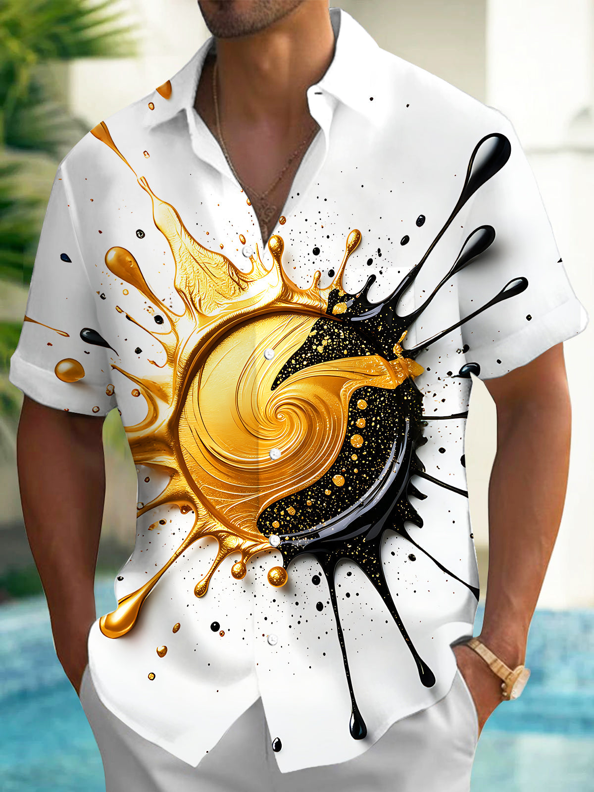 Adaychic Men's Graphic Abstract Gold And Black Splash Print Short Sleeve Shirt with Chest Pocket