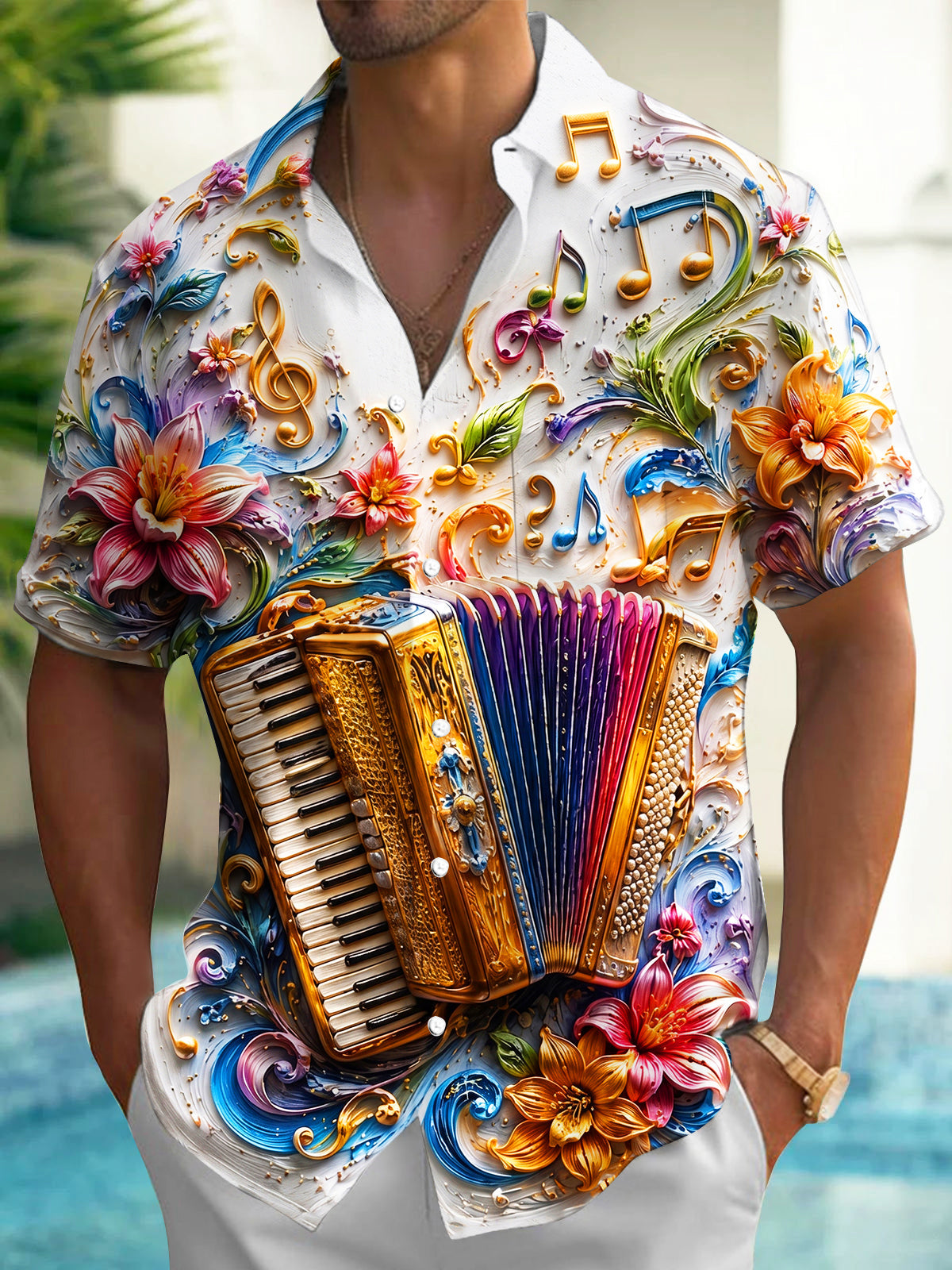 Adaychic Men's Graphic Accordion Print Floral Print Short Sleeve Shirt with Chest Pocket