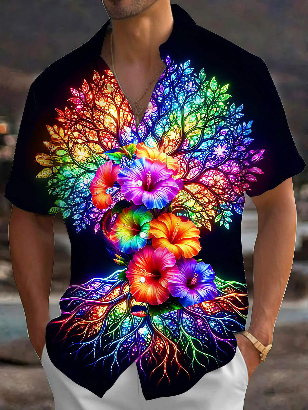 Adaychic Men's Hawaiian Neon Rainbow Tree Of Life Print Short Sleeve Shirt with Chest Pocket