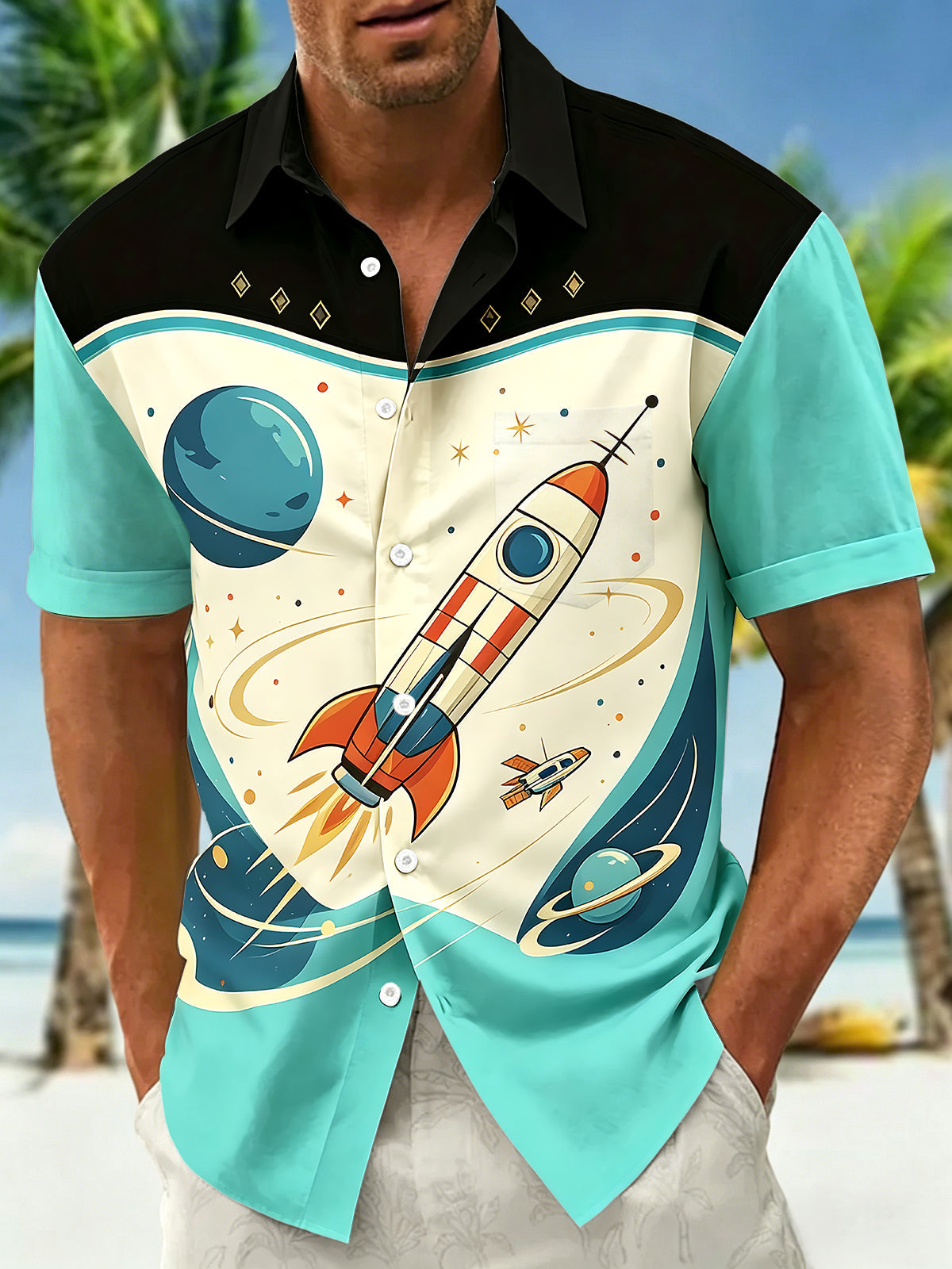 Adaychic Men's Vintage Style Retro Rocket Print Short Sleeve Shirt with Chest Pocket