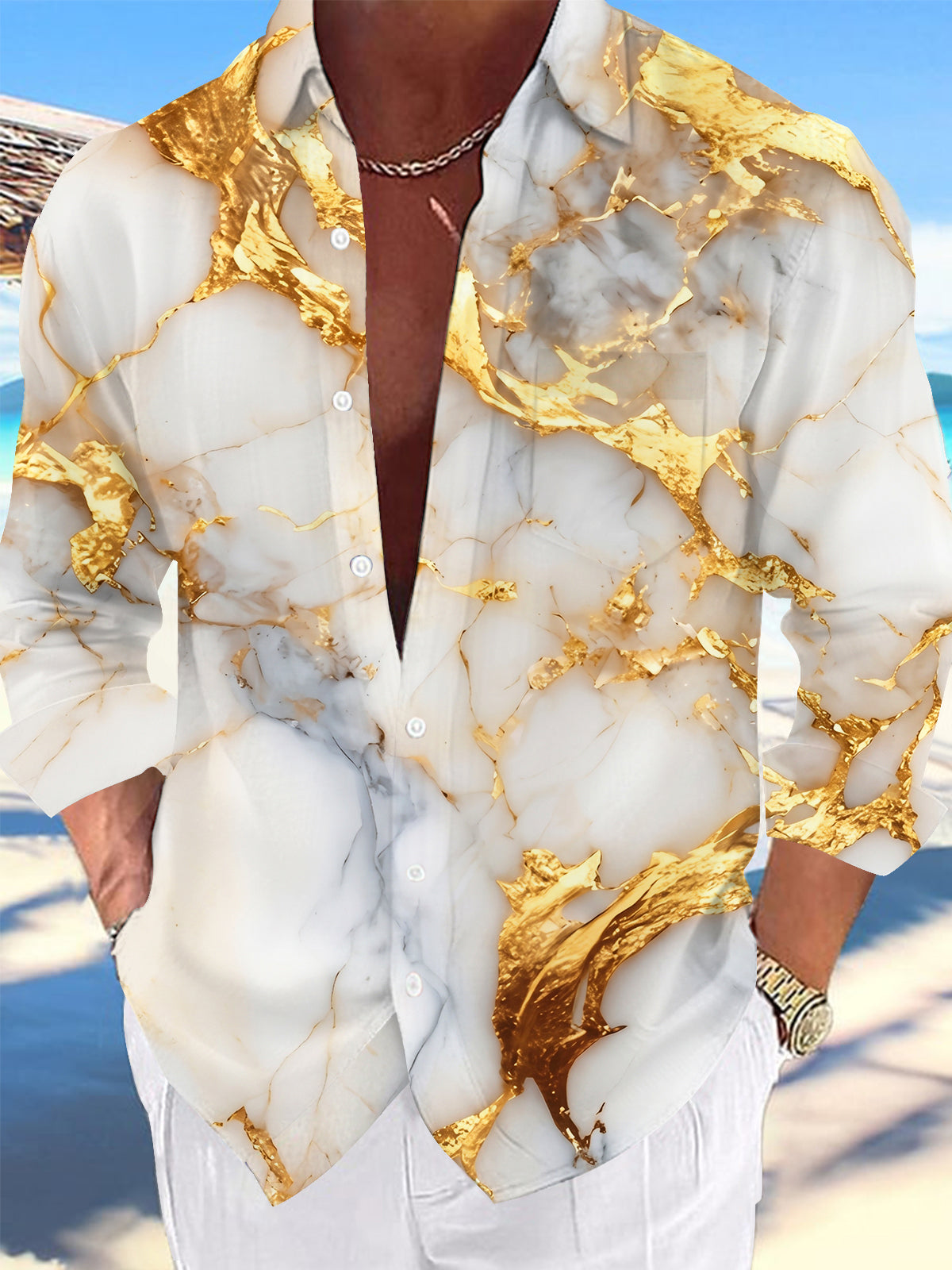 Adaychic Men's Printed White And Gold Marble Texture Print Long Sleeve Shirt with Chest Pocket
