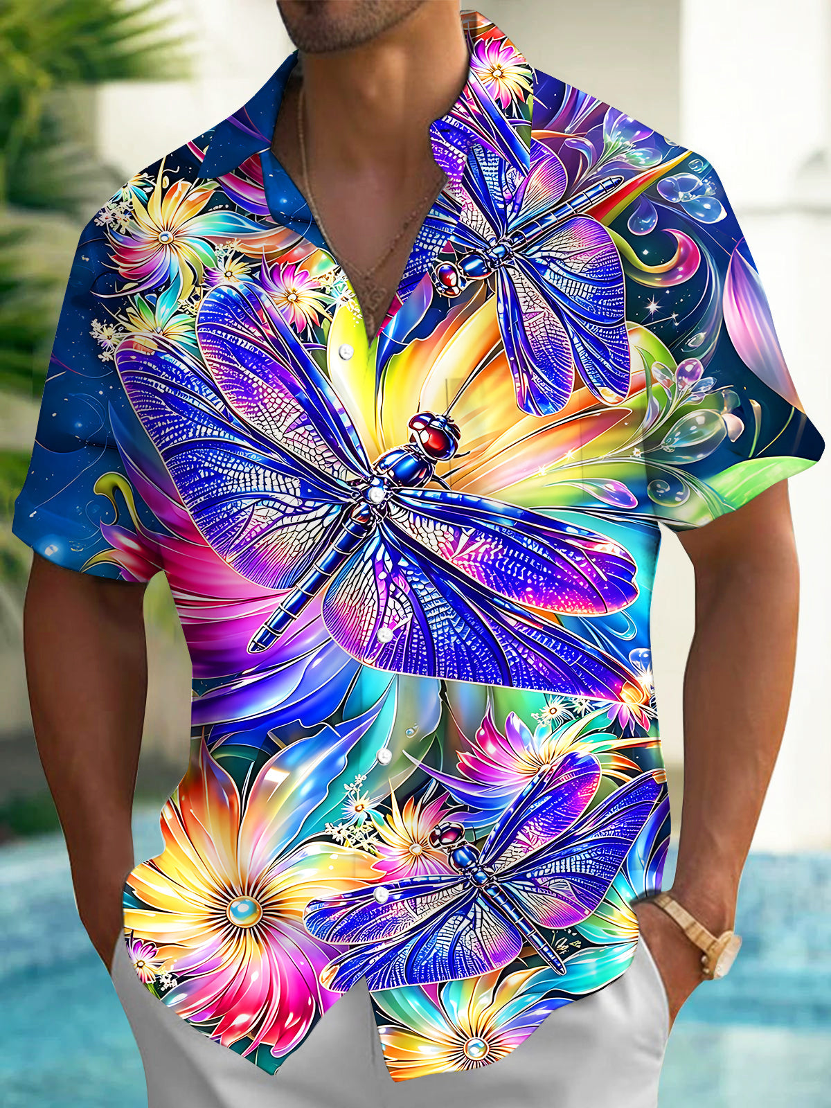 Adaychic Men's Hawaiian Neon Dragonfly Print Floral Pattern Short Sleeve Shirt with Chest Pocket
