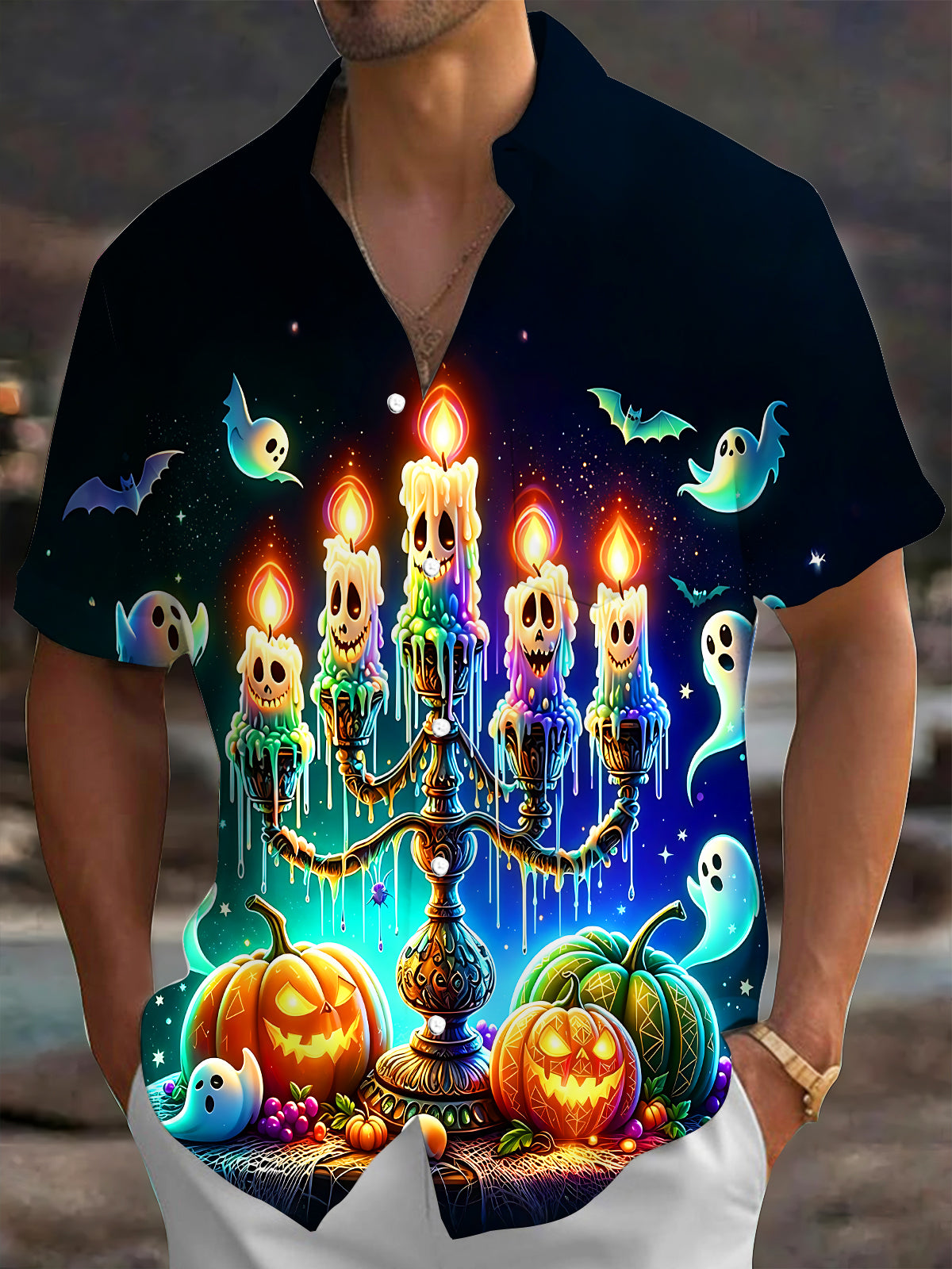 Adaychic Men's Graphic Halloween Candelabra Print Short Sleeve Shirt with Chest Pocket