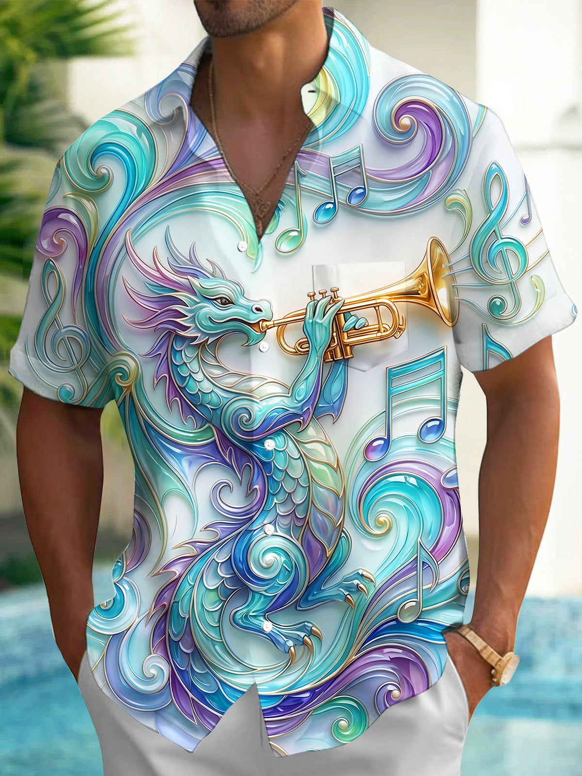 Adaychic Men's 3D Dragon Playing Trumpet Print Short Sleeve Shirt with Chest Pocket