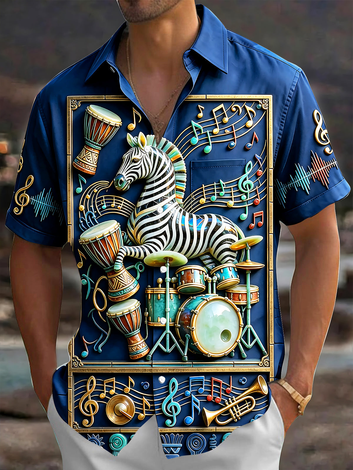 Adaychic Men's Graphic Zebra Drummer Print Short Sleeve Shirt with Chest Pocket