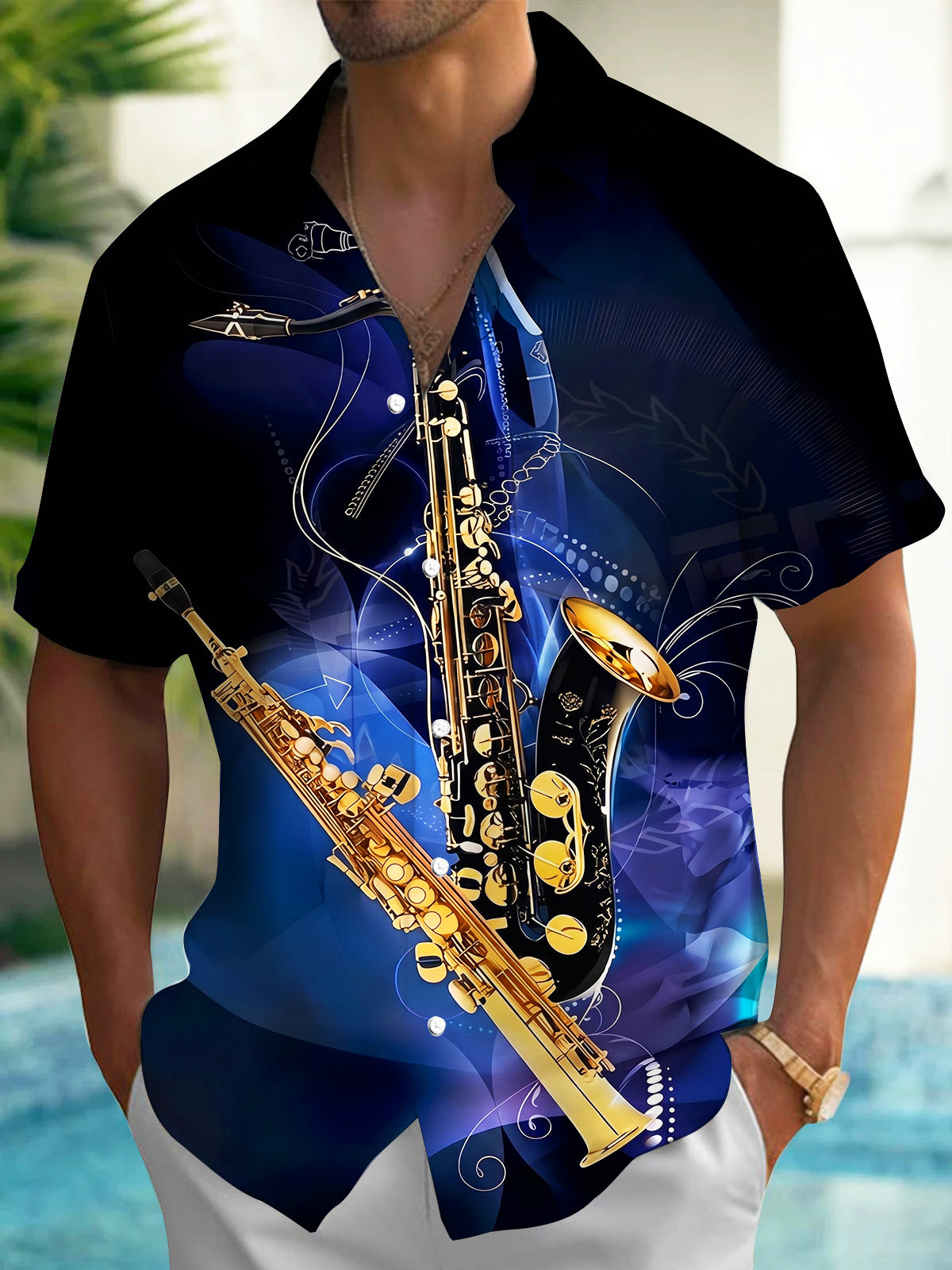 Adaychic Men's Graphic Saxophone Print Short Sleeve Shirt with Chest Pocket