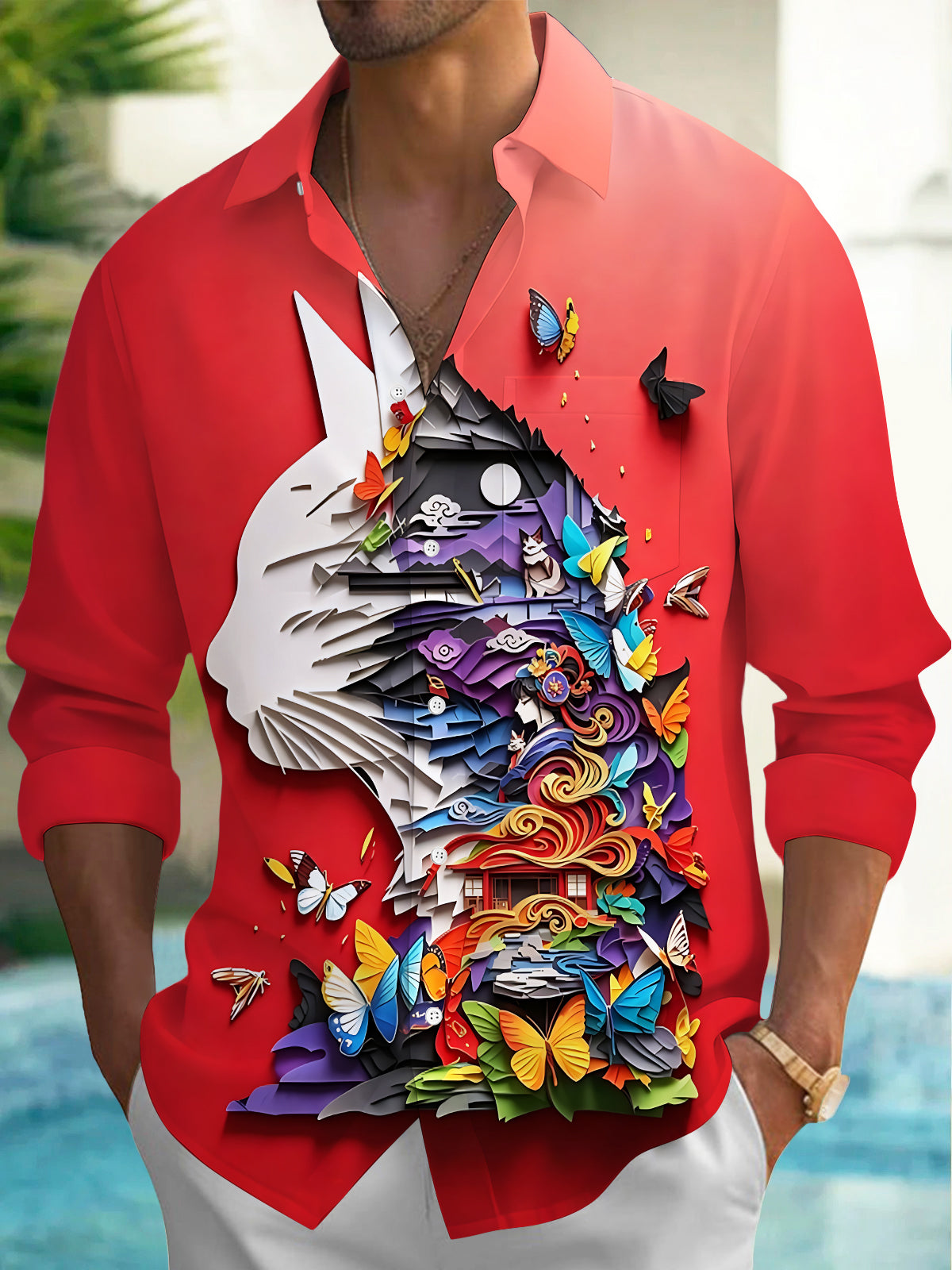 Adaychic Men's Graphic 3D Cat Print Butterfly Landscape Print Long Sleeve Shirt with Chest Pocket