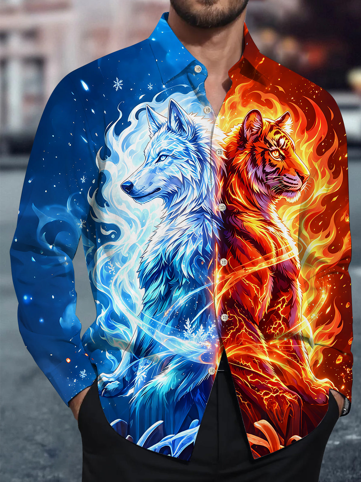 Adaychic Men's Graphic Ice Wolf Print Fire Tiger Print Long Sleeve Shirt with Chest Pocket