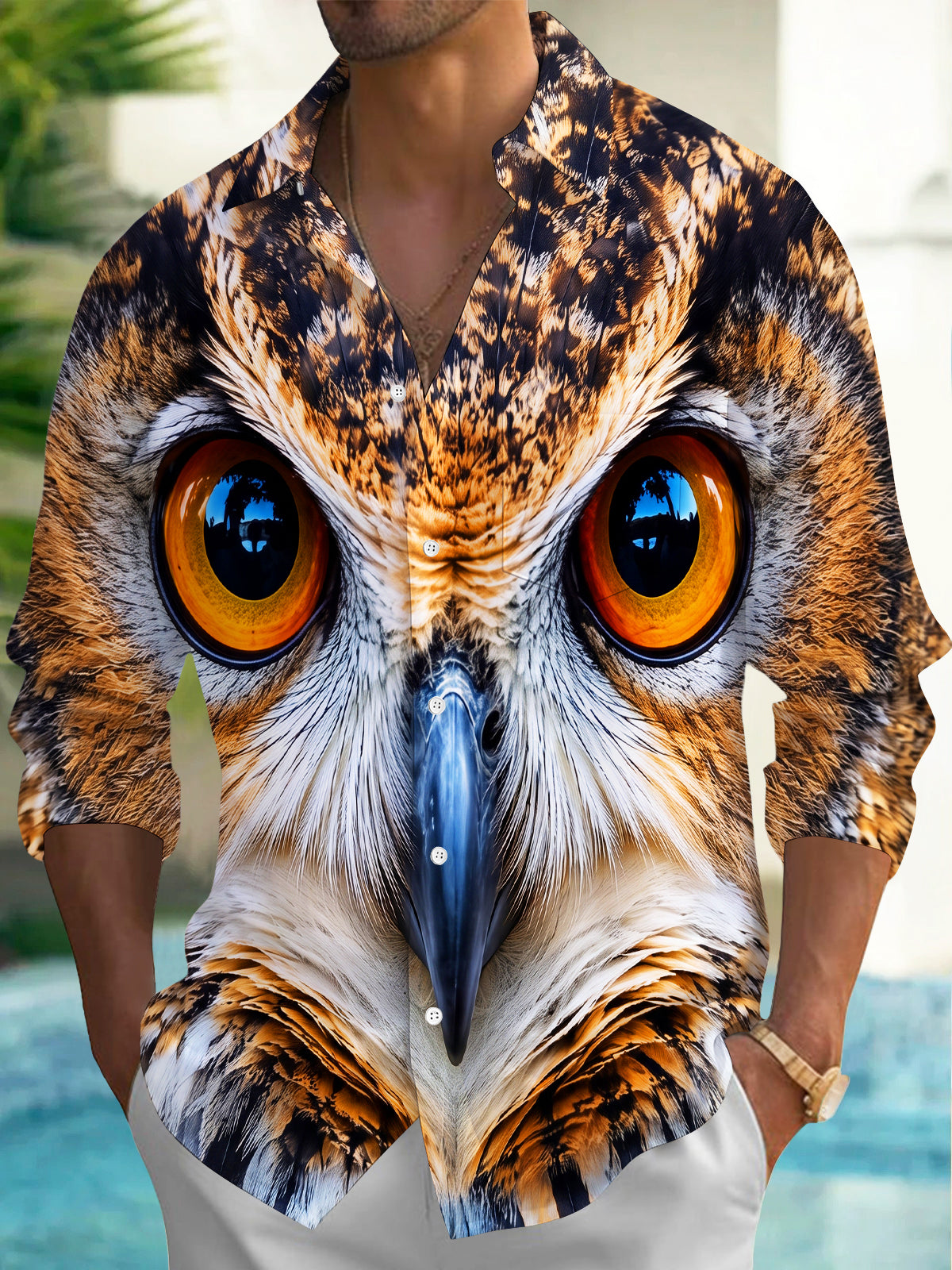 Adaychic Men's Graphic Owl Face Close-up Print Animal Print Long Sleeve Shirt with Chest Pocket