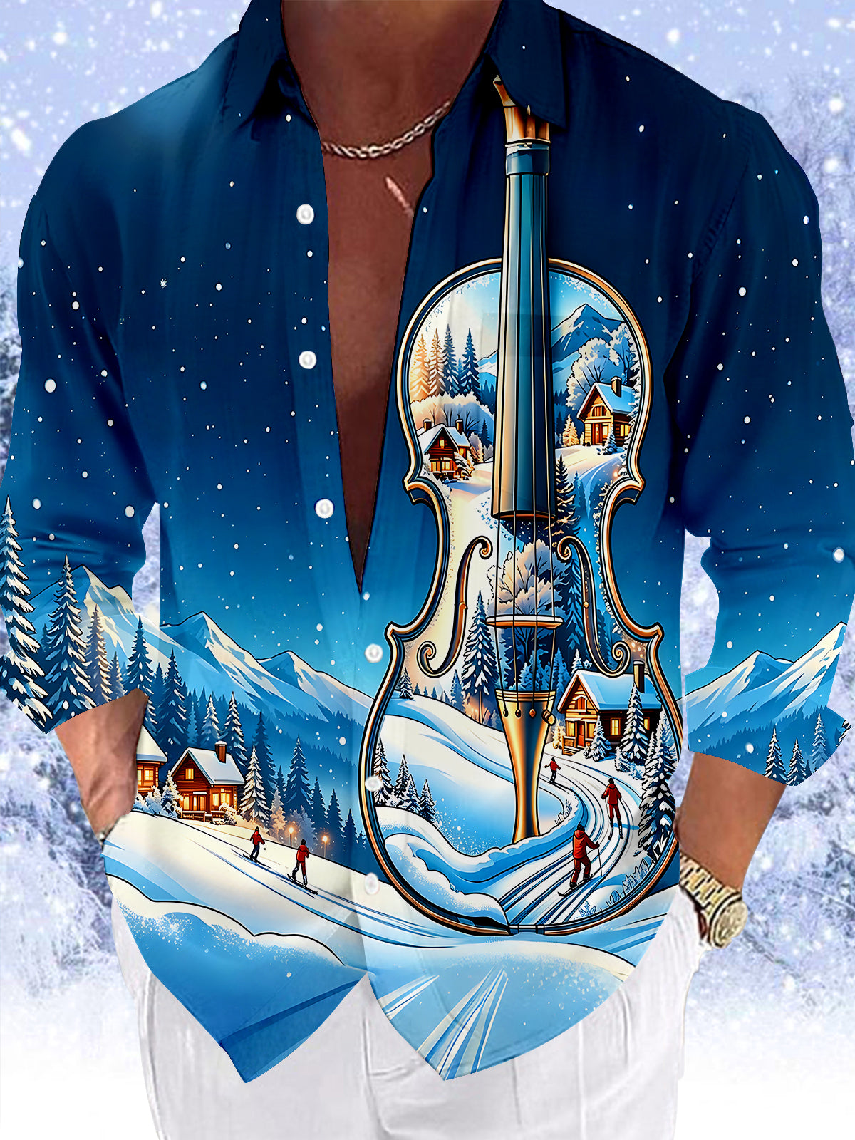Adaychic Men's Graphic Violin Winter Snowscape Print Long Sleeve Shirt with Chest Pocket