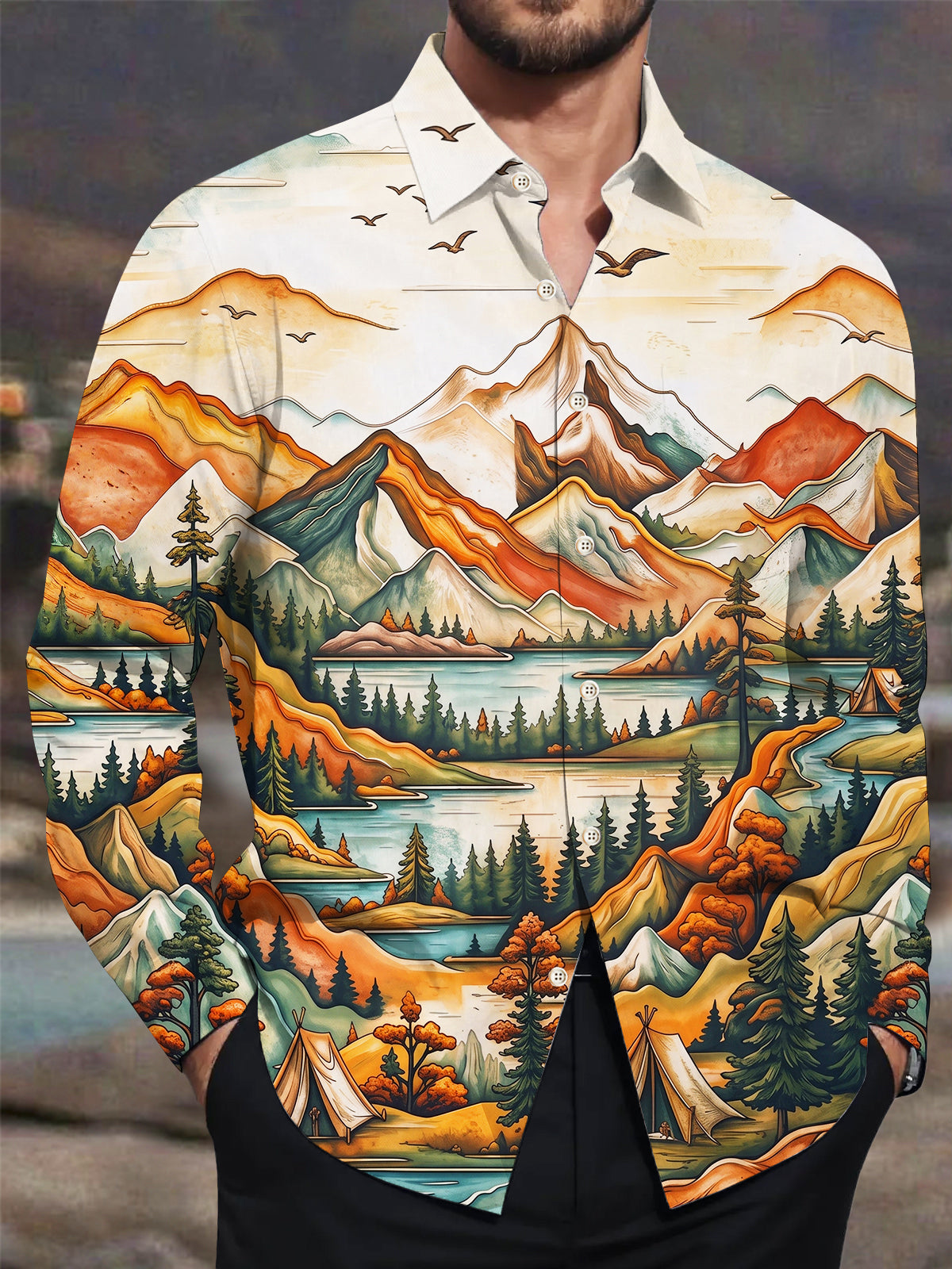 Adaychic Men's Vintage Style Mountain Landscape Print Long Sleeve Shirt with Chest Pocket