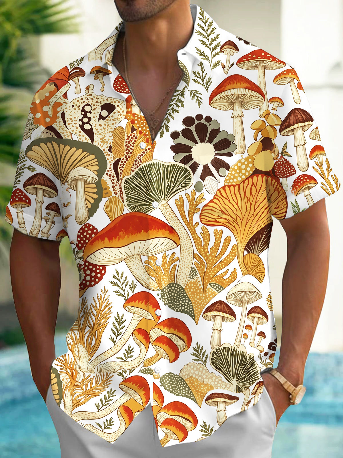 Adaychic Men's Graphic Mushroom Print Fungi Pattern Short Sleeve Shirt with Chest Pocket