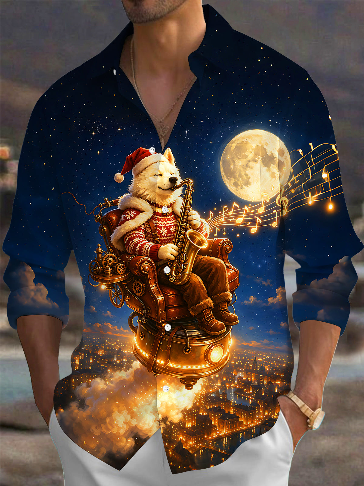 Adaychic Star Sky Christmas Saxophone Dog Men's Pocket Long Sleeve Shirts