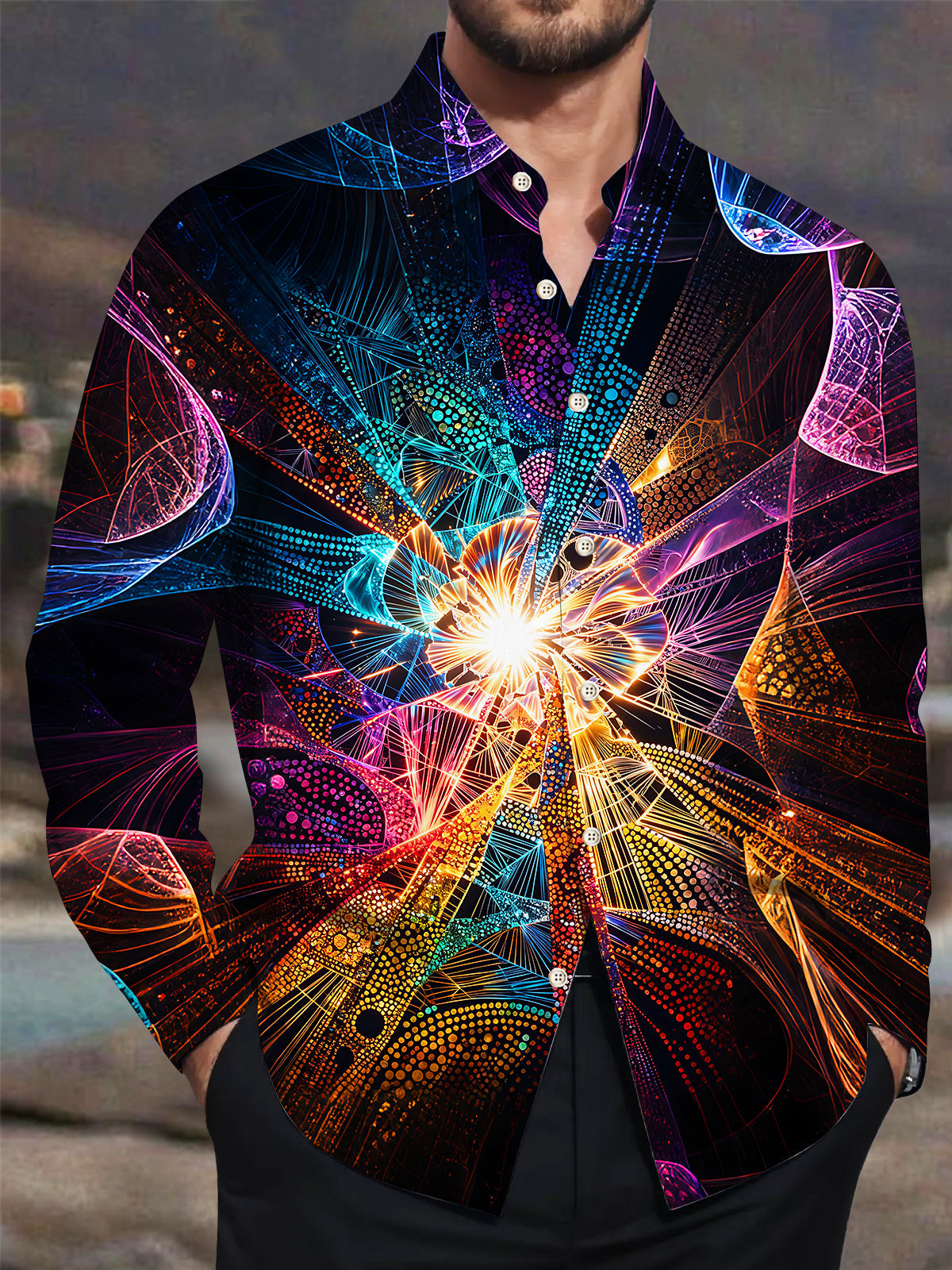 Adaychic Neon Glow Fractal Art Men's Pocket Long Sleeve Shirts