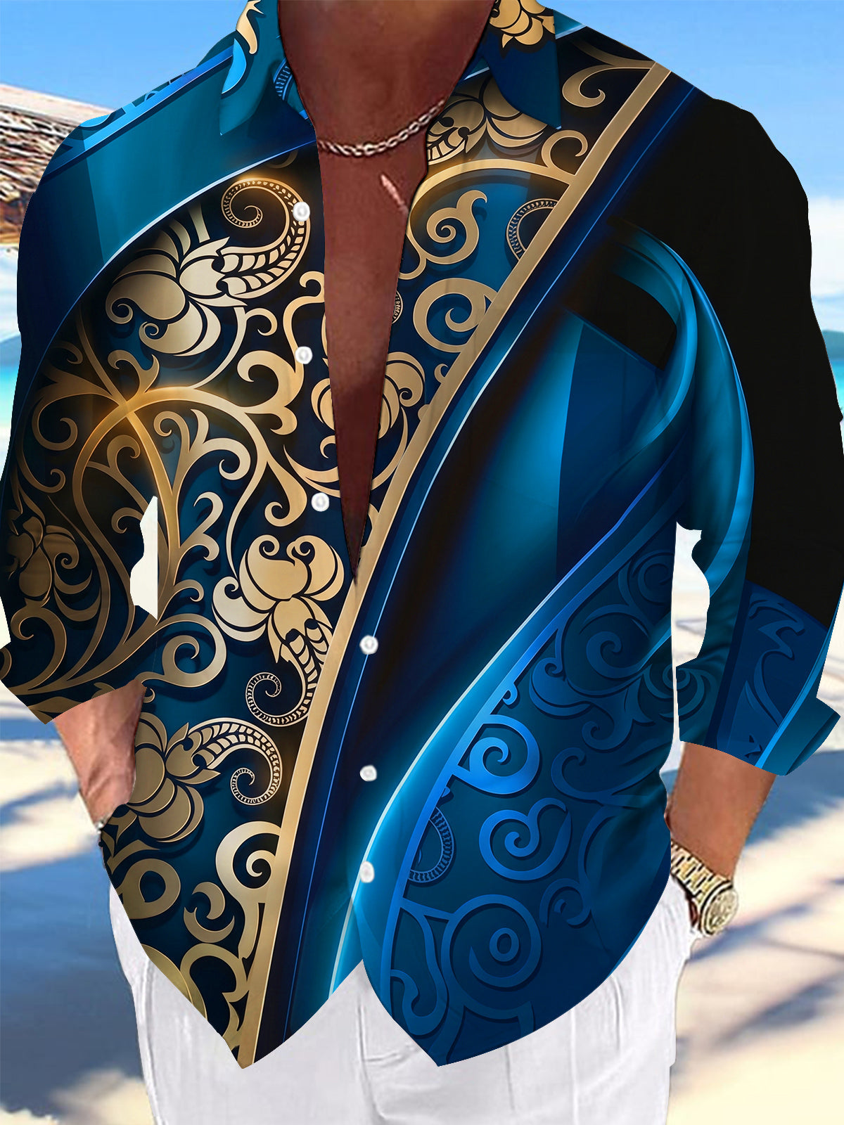 Adaychic Blue Gold Retro Scroll Pattern Men's Pocket Long Sleeve Shirts