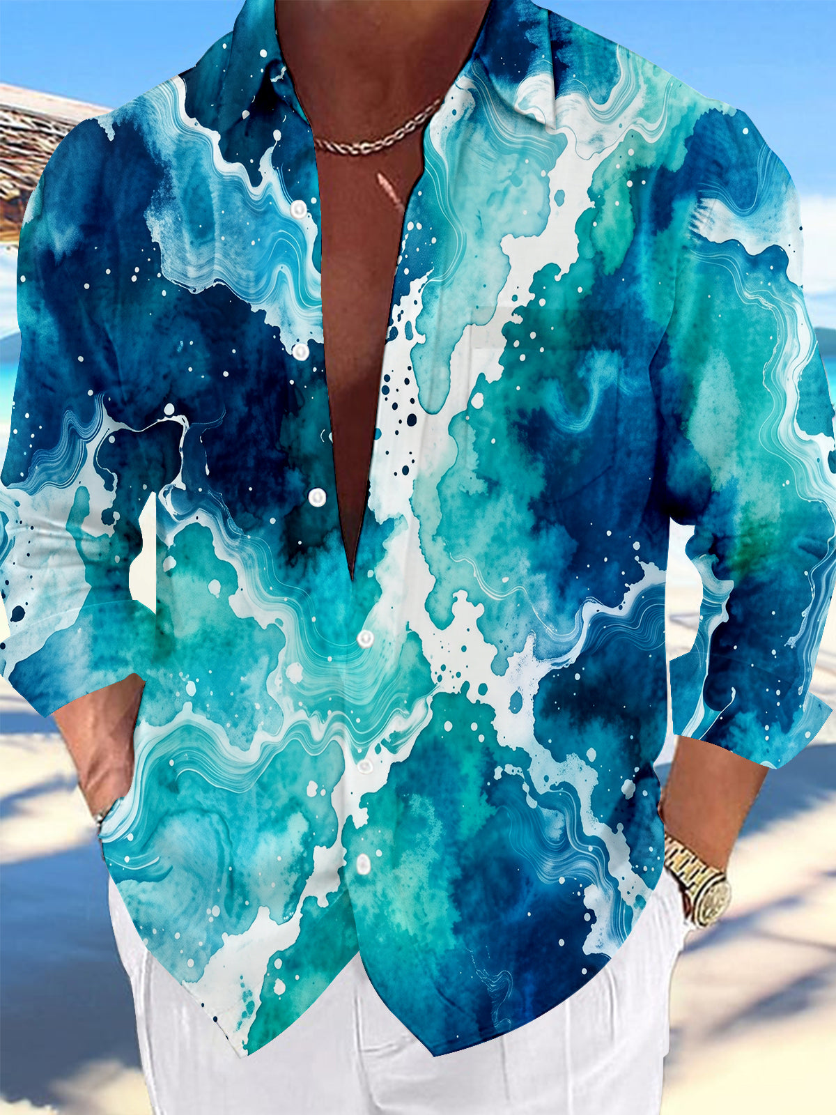 Adaychic Blue Green Ink Wash Fluid Texture Men's Pocket Long Sleeve Shirts