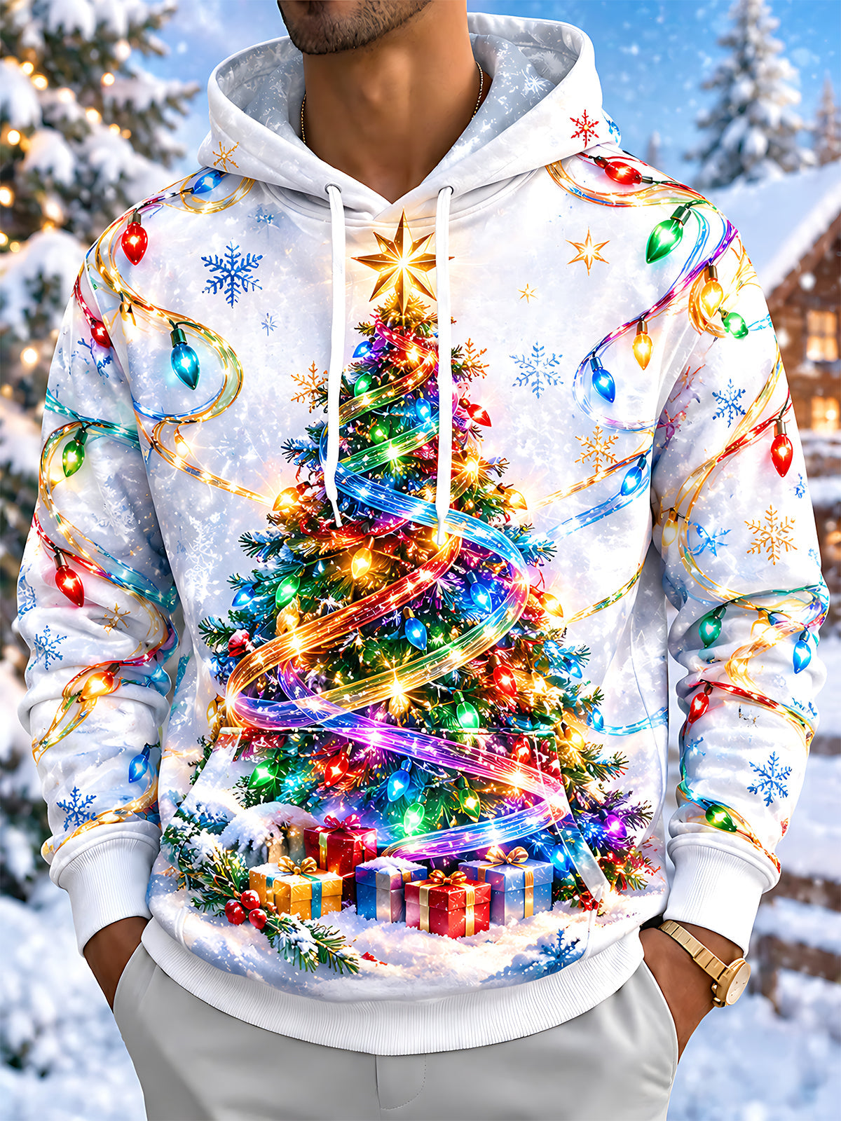 Adaychic Christmas Lights Christmas Tree Theme Men's Long Sleeve Pocket Hooded Sweatshirt