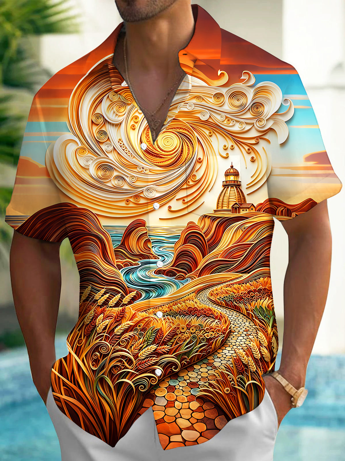 Adaychic Men's Printed Quilled Lighthouse Coast Print Short Sleeve Shirt with Chest Pocket