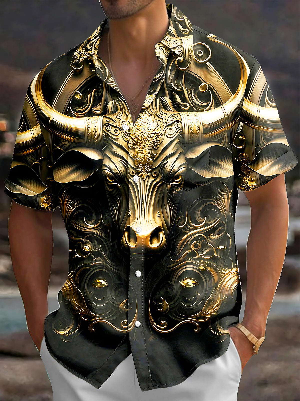 Adaychic Men's Graphic Gold Bull Head Print Short Sleeve Shirt with Chest Pocket