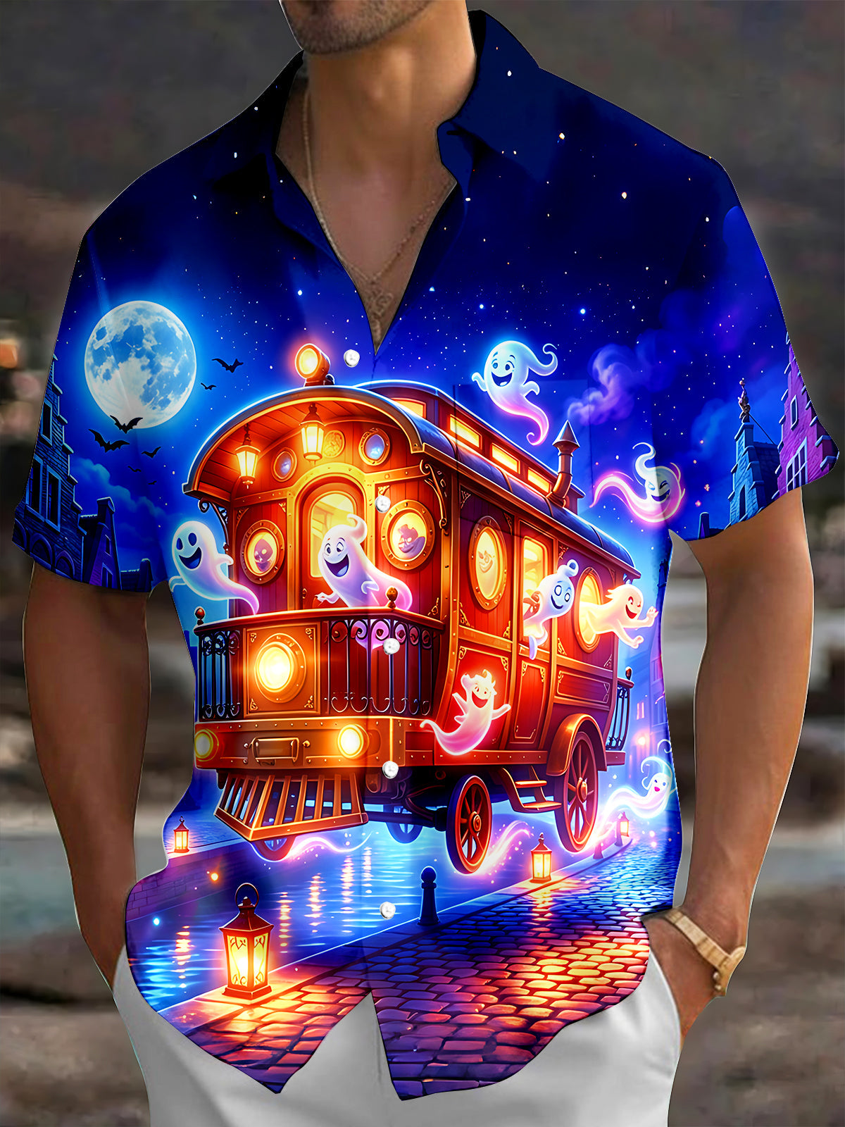 Adaychic Men's Graphic Ghost Train Print Short Sleeve Shirt with Chest Pocket