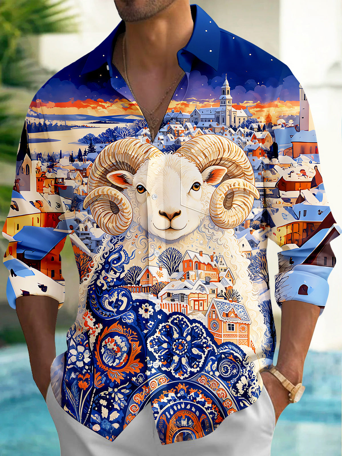 Adaychic Men's Graphic Big Horn Sheep Print Long Sleeve Shirt with Chest Pocket
