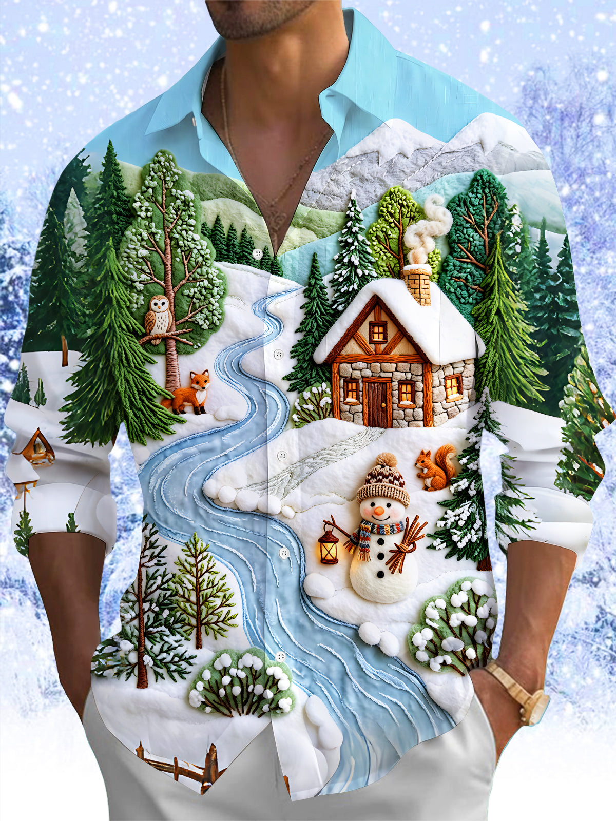 Adaychic Men's Printed Winter Snow Village Print Long Sleeve Shirt with Chest Pocket