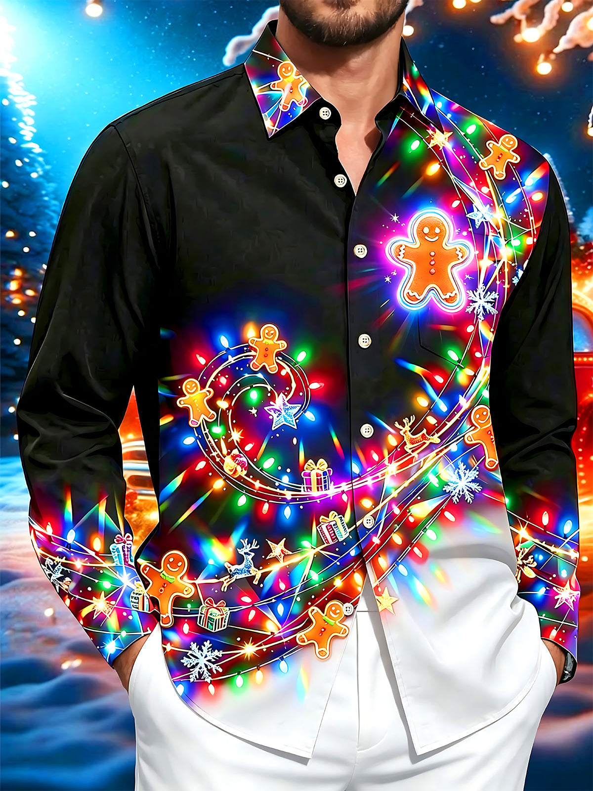 Adaychic Men's Graphic Gingerbread Man Print Long Sleeve Shirt with Chest Pocket
