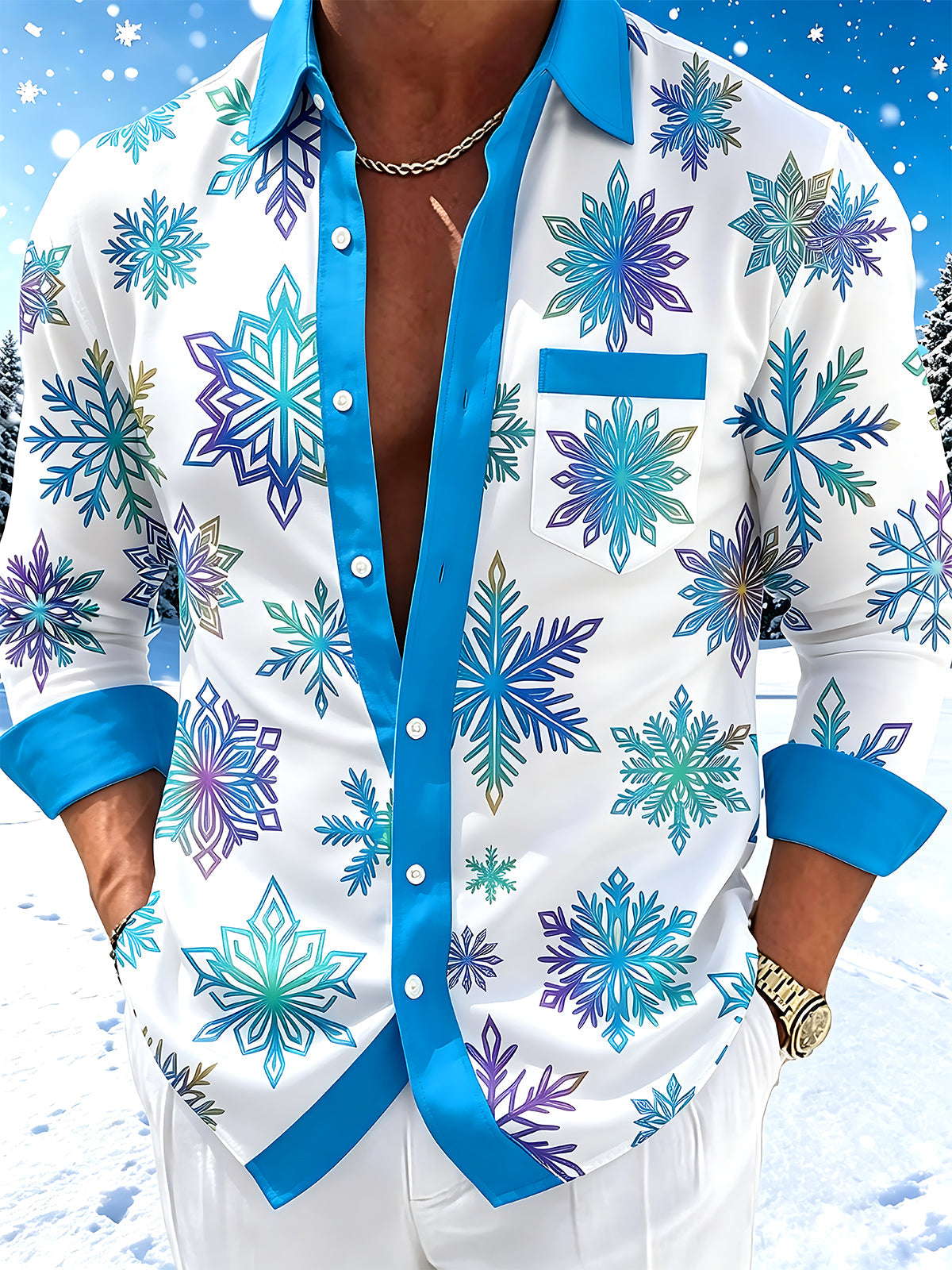 Adaychic Men's Printed Snowflake Pattern Long Sleeve Shirt with Chest Pocket
