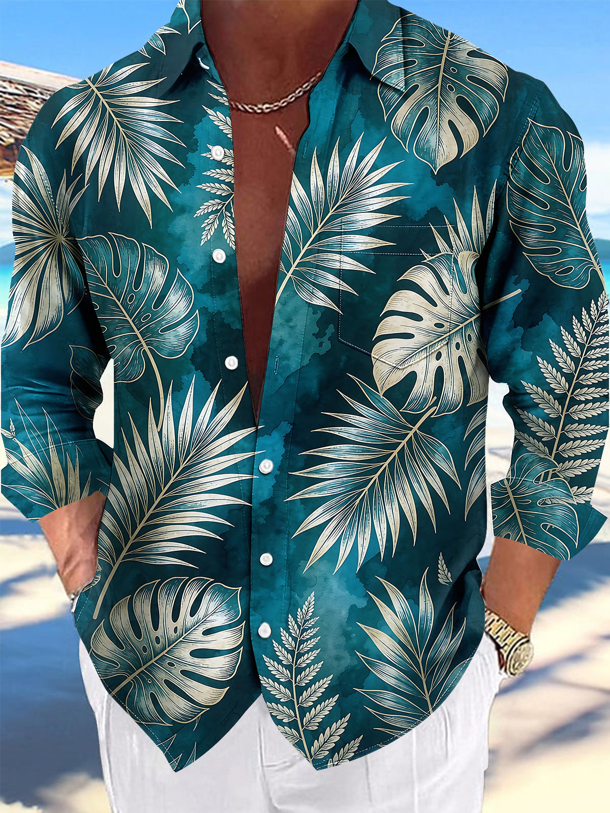 Adaychic Men's Hawaiian Tropical Leaf Print Long Sleeve Shirt with Chest Pocket
