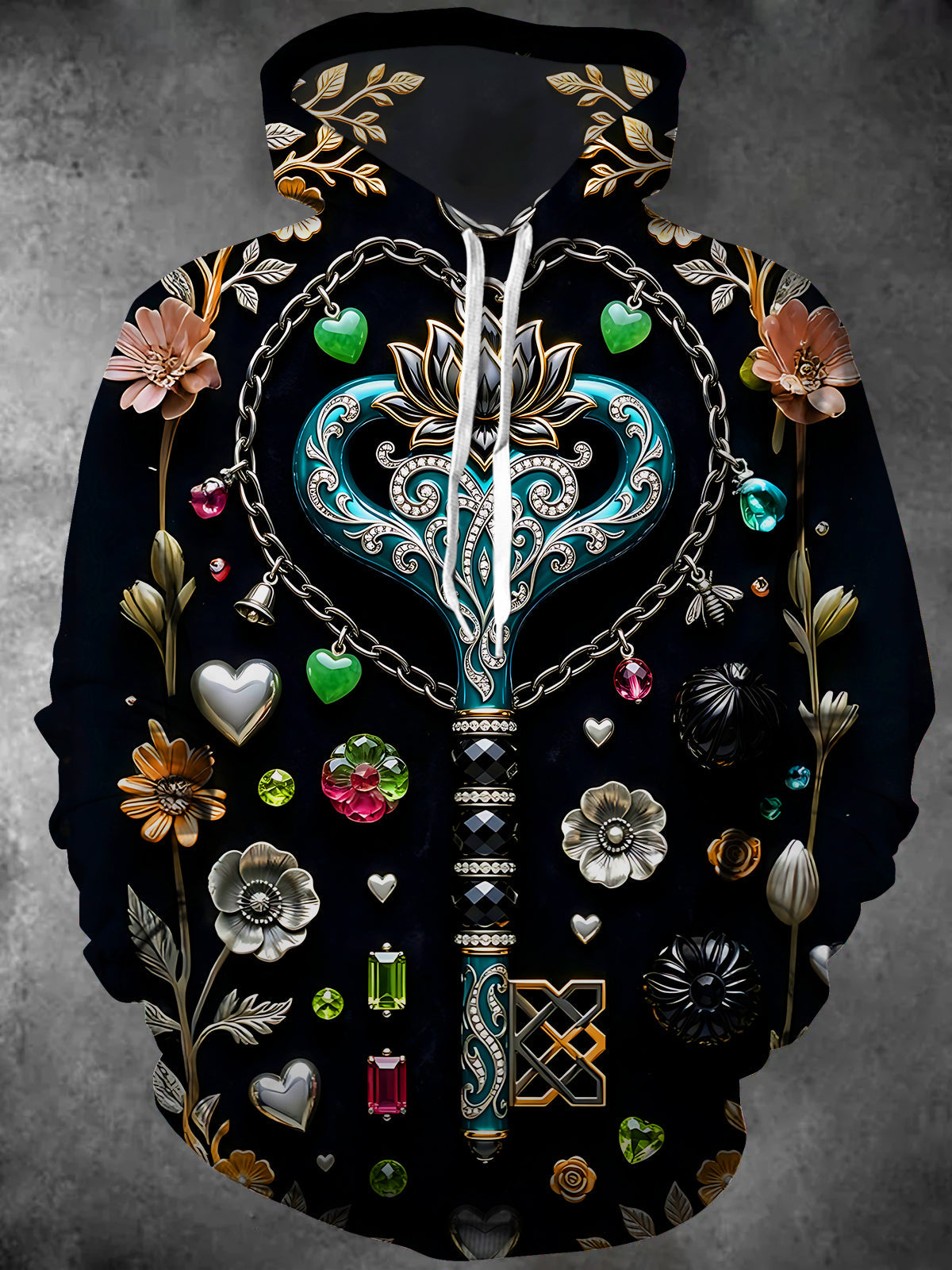 Adaychic Men's Vintage Style Floral And Heart Motifs Print Long Sleeve Hoodie with Chest Pocket