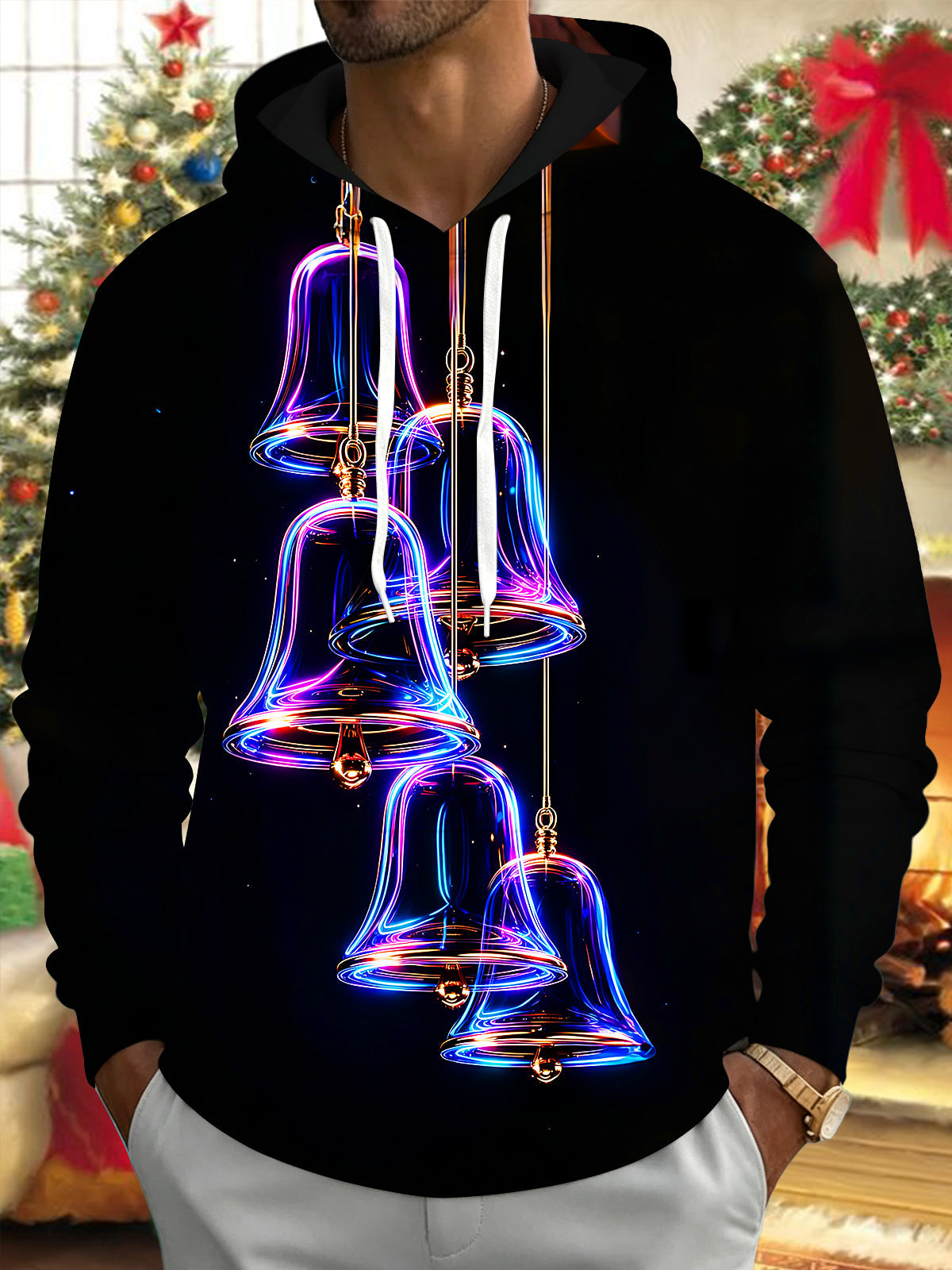 Adaychic Men's Graphic Neon Christmas Bells Print Long Sleeve Hoodie with Chest Pocket