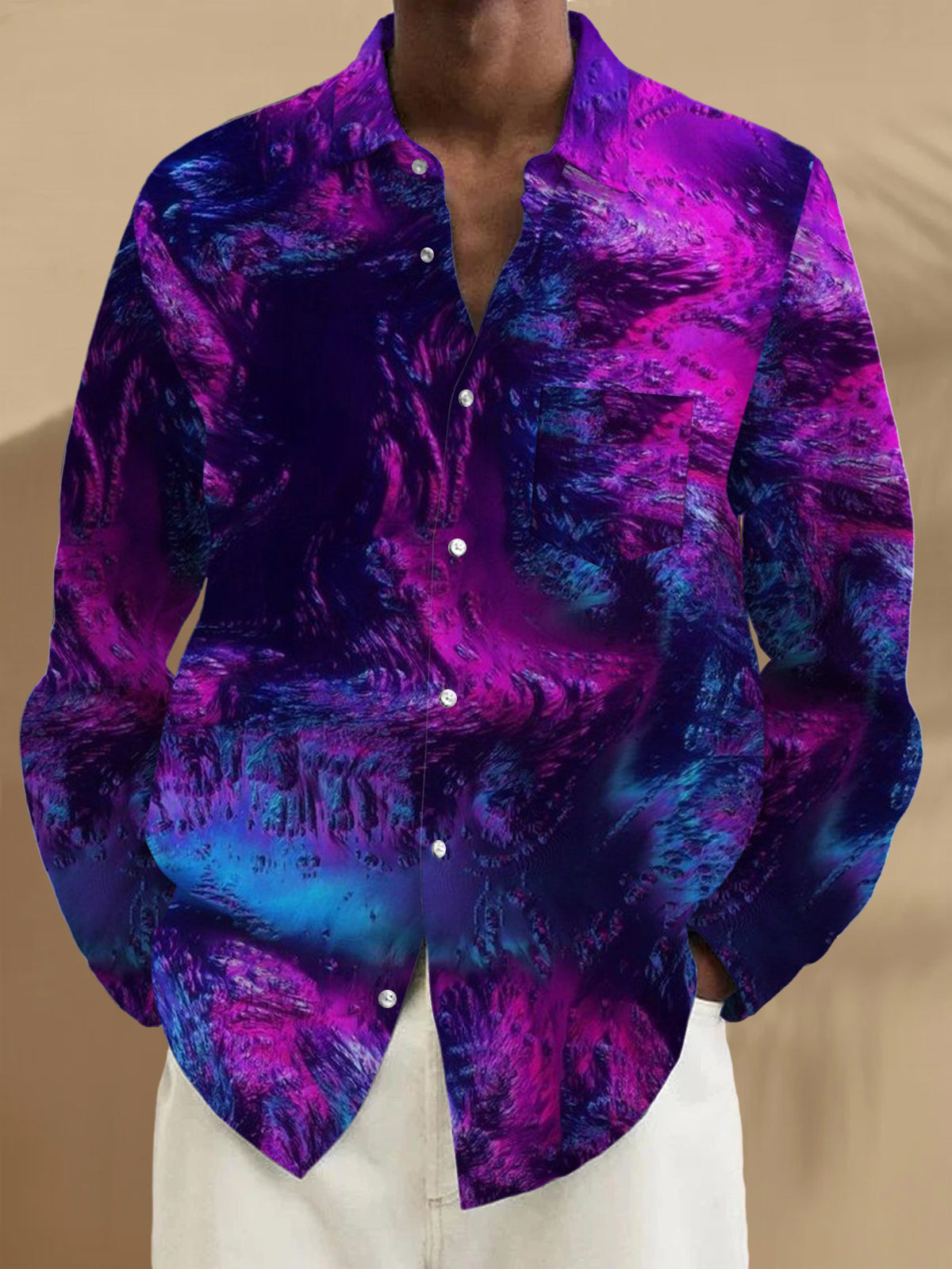 Men's long sleeve abstract print shirt front view