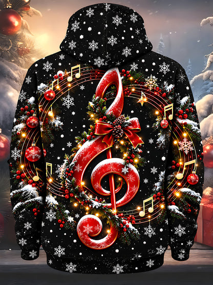 Adaychic Men's Graphic Christmas Musical Note Print Long Sleeve Hoodie with Chest Pocket