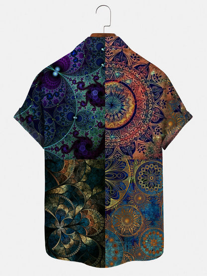 Adaychic Men's Graphic Geometric Abstract Fractal Mandala Print Short Sleeve Button Down Shirt with Chest Pocket