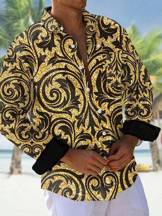 Men's vintage style print long sleeve shirt front view for vacation resort wear